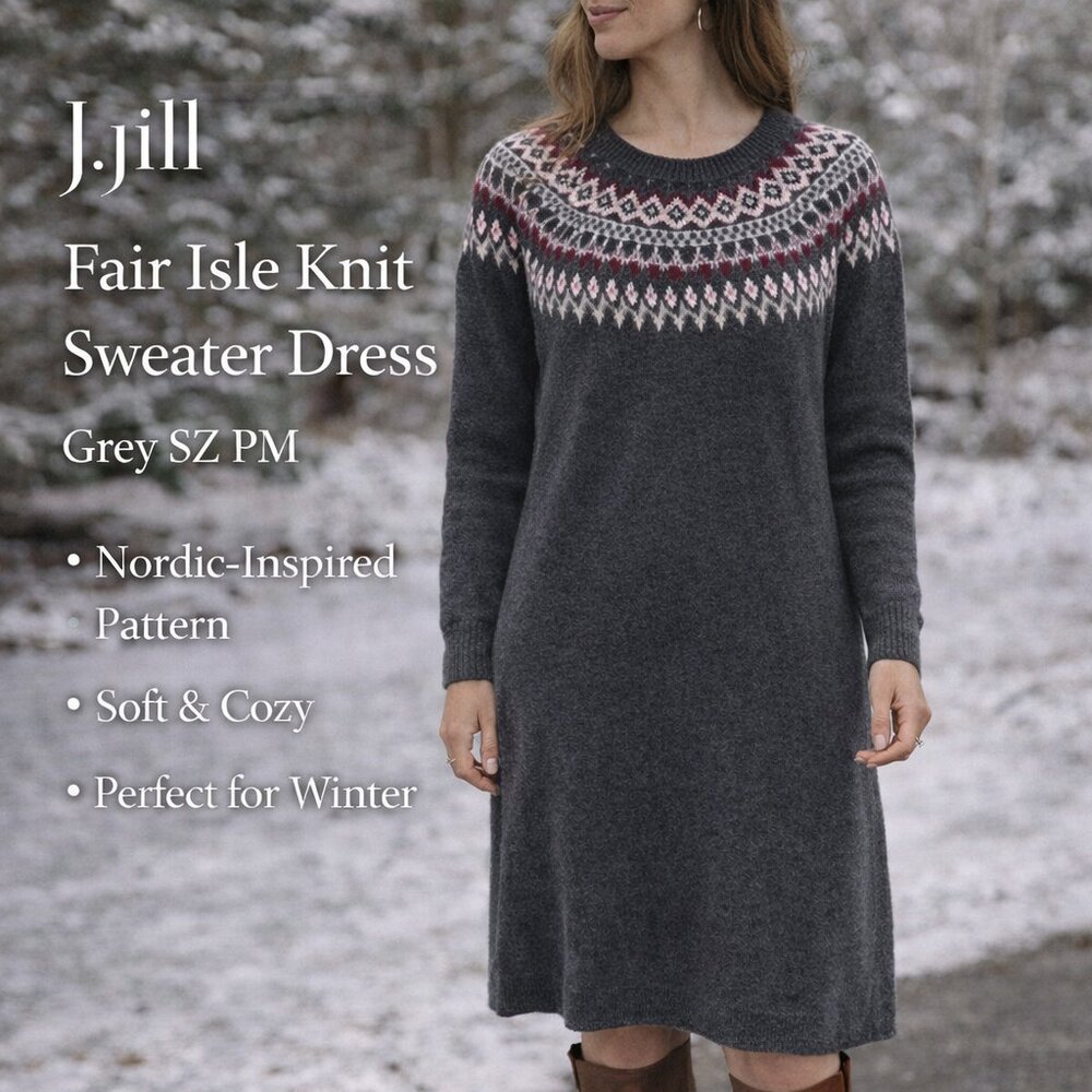 J. Jill Sweater Dress Knit Fair Isle Midi Grey SZPM Winter Comfortcore Comfy